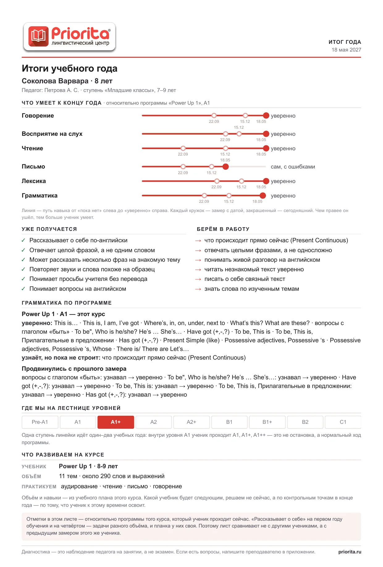 Пример листа диагностики: Итог года